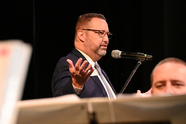 Superintendent of Communications and Marketing Mike Terson of the Buffalo Grove Park District serves as emcee at the Veterans Day Celebration at the Community Arts Center (225 McHenry Road) in Buffalo Grove on Nov. 11, 2024 (Karie Angell Luc/Pioneer Press)