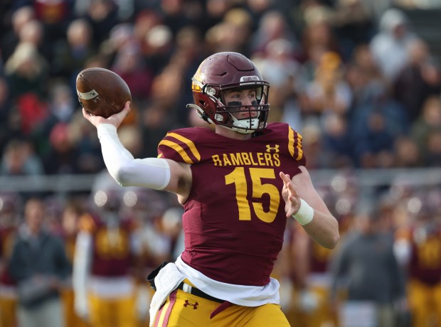 Loyola quarterback Ryan Fitzgerald (15) throws a pass against Maine South during a Class 8A state quarterfinal at Loyola Academy in Winnetka on Saturday, Nov. 16, 2024. (Talia Sprague / Pioneer Press)