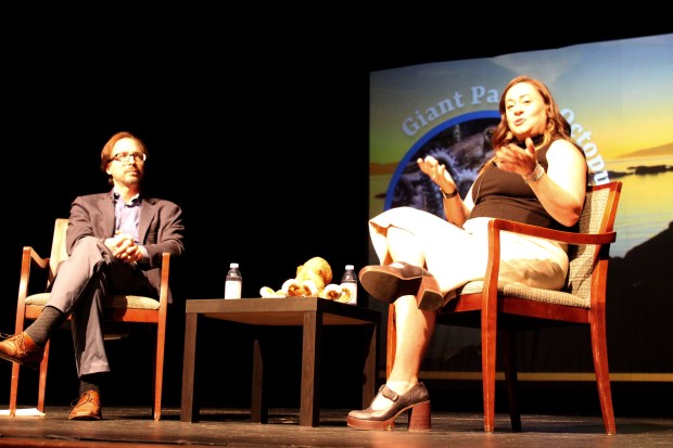 Davis Schneiderman, author and executive director of the Krebs Center for the Humanities at Lake Forest College, leads a conversation with author, Shelby Van Pelt about her novel, Remarkably Bright Creatures, followed by a Q&A session and book signing which took place at the Gorton Center on Nov. 1 at 7 p.m. (Gina Grillo/ For the Pioneer Press)