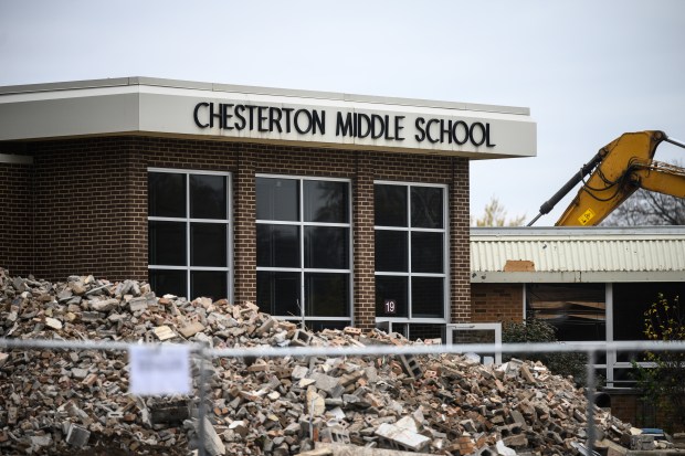 The entryway to Chesterton Middle School stands amid demolition on Friday, Nov. 15, 2024. (Kyle Telechan/for the Post-Tribune)