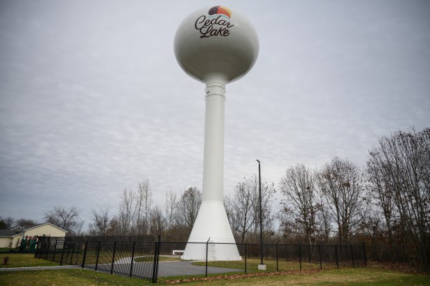 The Cedar Lake water tower stands above the town on Wednesday, Nov. 27, 2024. (Kyle Telechan/for the Post-Tribune)