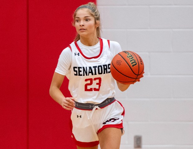 Washington Township's Gracie Little moves the ball during a game against Hammond Central in Valparaiso on Thursday, Nov. 9, 2023. (Michael Gard / Post-Tribune)