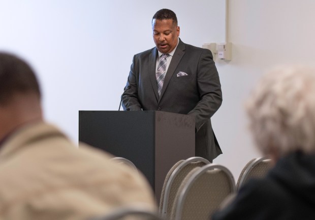 State Rep. Earl Harris, D-East Chicago, speaks in support of shutting down Summit scrapyard during an Indiana Department of Environmental Management hearing in Gary on Wednesday, May 15, 2024. (Michael Gard/for the Post-Tribune)