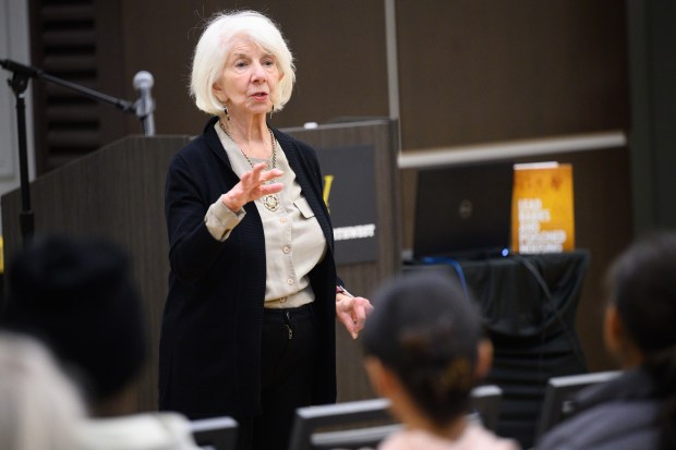 Purdue Northwest professor of English emeritas and author Carolyn Boiarsky speaks to students about her newly-published book, "Lead Babies and Poisoned Housing", during a talk at Purdue University Northwest on Tuesday, Nov. 12, 2024. (Kyle Telechan/for the Post-Tribune)