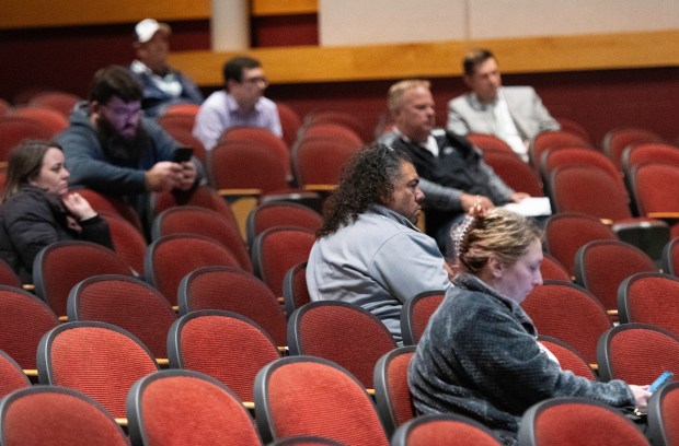 About 30 people attended a discussion about proposed electric rate hikes for NIPSCo customers on Monday, Nov. 18, 2024 at Hebron High School. (Michael Gard/for the Post-Tribune)