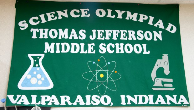 The Thomas Jefferson Middle School Science Olympiad team banner hangs in their workroom at the Valparaiso school on Wednesday, Nov. 6, 2024. (Michael Gard/for the Post-Tribune)