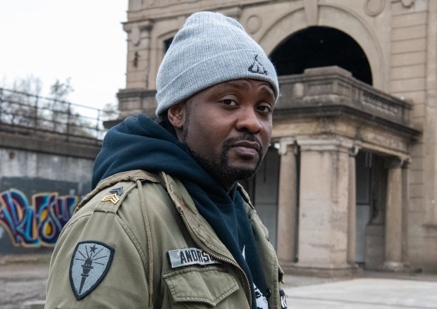 Decay Devils president Tyrell Anderson sits outside Gary Union Station in Gary, Indiana Monday Nov. 25, 2024.(Andy Lavalley/for the Post-Tribune)