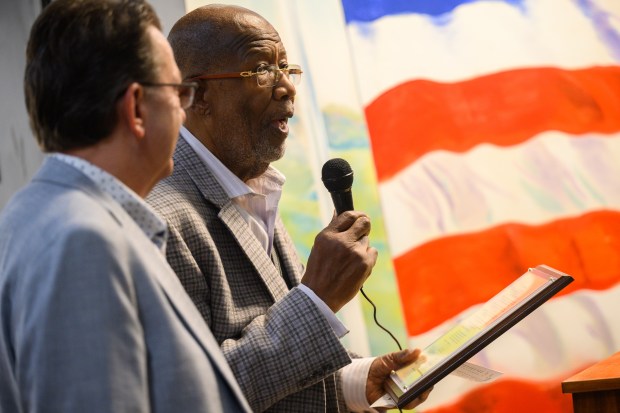 Lake County councilman Charlie Brown speaks as members of the Hobart High School JROTC are recognized at an event to honor veterans at the Lake County Government Center in Crown Point on Thursday, Nov. 7, 2024. (Kyle Telechan/for the Post-Tribune)