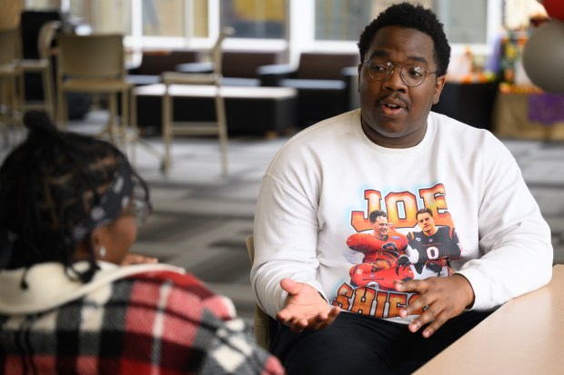 Anthony Hudson, on right, and Anita Griffin speak about their plans for the upcoming election in the IUN Moraine Student Center on Thursday, Oct. 31, 2024. (Kyle Telechan/for the Post-Tribune)