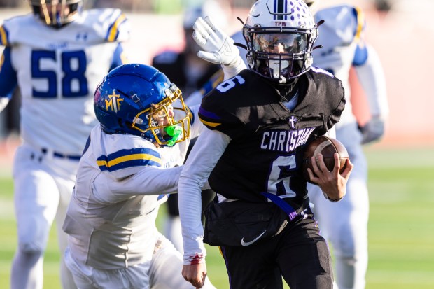 Chicago Christian's Christian Flutman (6) runs toward the end zone as Maroa-Forsyth's defense couldn't keep up in the Class 2A state championship game at Hancock Stadium in Normal on Friday, Nov. 29, 2024. (Vincent D. Johnson / for the Daily Southtown)