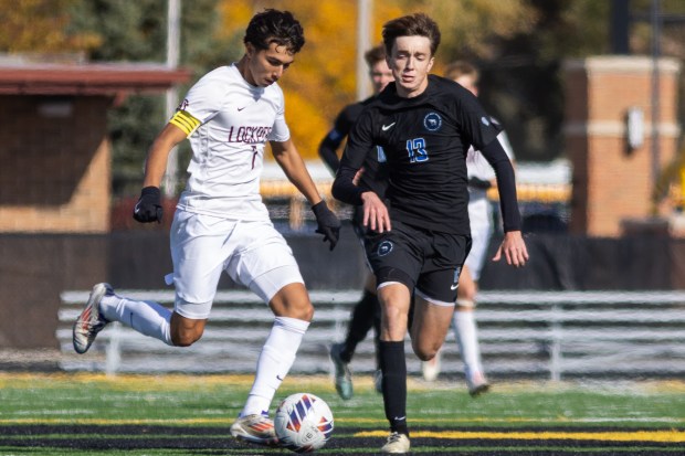 Lockport's Ismael Gomez (7) dribbles down field against Lincoln-Way East during the Class 3A Joliet West Sectional final game in Joliet on Saturday, Nov. 2, 2024. (Troy Stolt / for the Daily Southtown)