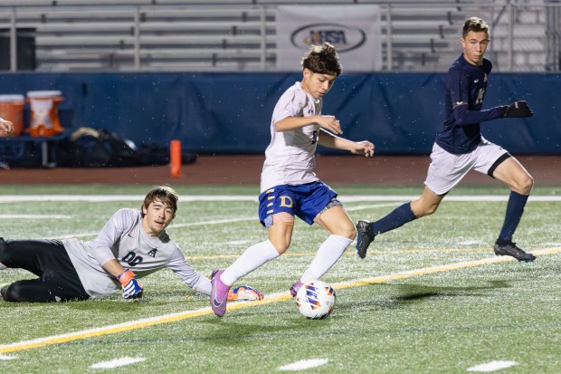 De La Salle's Alex Panduro (6) scores a goal against Althoff Catholic during the IHSA Class 2A state championship game in Hoffman Estates on Saturday, Nov. 9, 2024. (Troy Stolt / for the Daily Southtown)