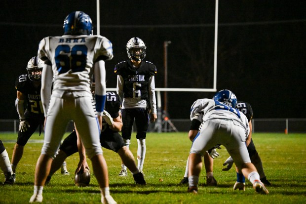 Chicago Christian's Christian Flutman (6) prepares to snap the ball during a Class 2A state quarterfinal game against Bismark-Henning on Saturday, Nov. 16, 2024, at Chicago Christian High School in Palos Heights, Ill. (Vincent Alban / Daily Southtown)