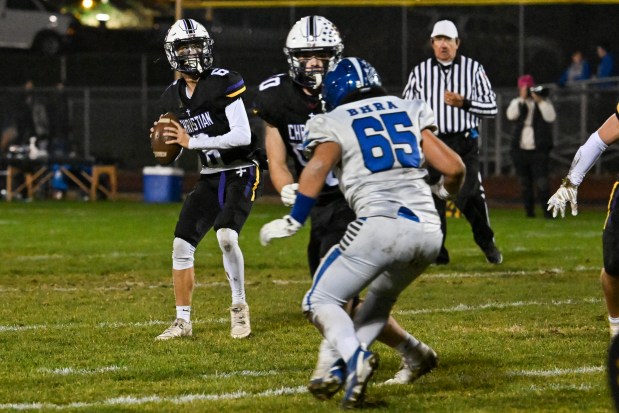 Chicago Christian's Christian Flutman (6) prepares to throw a pass during a Class 2A state quarterfinal game against Bismark-Henning on Saturday, Nov. 16, 2024, at Chicago Christian High School in Palos Heights, Ill. (Vincent Alban / Daily Southtown)