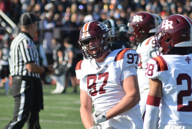 Brother Rice's Charlie Stec reacts after making a big tackle against Fenwick during a Class 7A first-round playoff game at Triton College in River Grove on Saturday, Nov. 2, 2024. (Jeff Vorva / Daily Southtown)