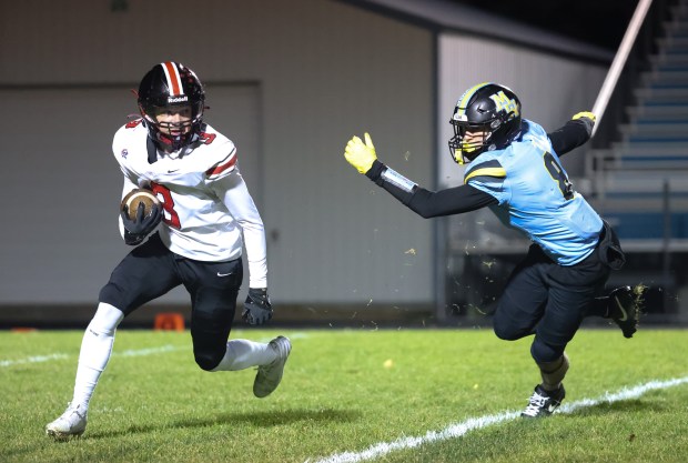 Lincoln Way Central defensive back Nolan Morrill (3) breaks through coverage during a Class 7A first-round game at Maine West High School in Des Plaines on Friday, Nov. 1, 2024. (Talia Sprague / Daily Southtown)