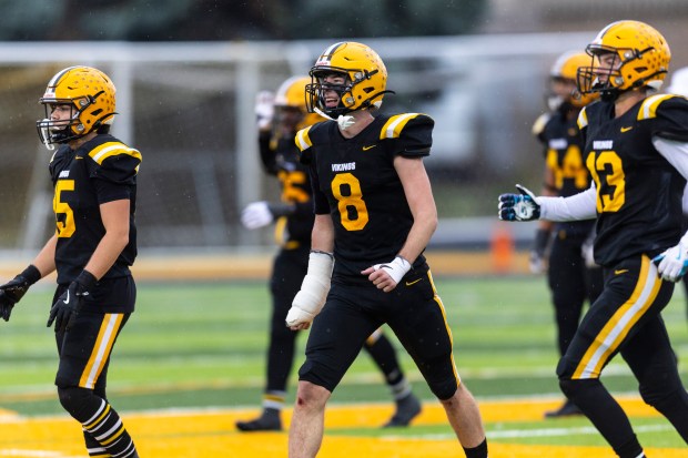 St. Laurence's Brendan Carroll (8) celebrates as the defense comes off the field against Wheaton Academy for the last time in the Class 4A second-round game in Burbank on Saturday, Nov. 9, 2024. (Vincent D. Johnson / for the Daily Southtown)