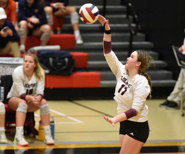 Lockport's Bridget Ferriter (17) follows through on her serve against Lincoln-Way West during the Class 4A Bolingbrook Sectional semifinals Tuesday, Nov. 5, 2024 in Bolingbrook, IL. (Steve Johnston/for the Daily Southtown)