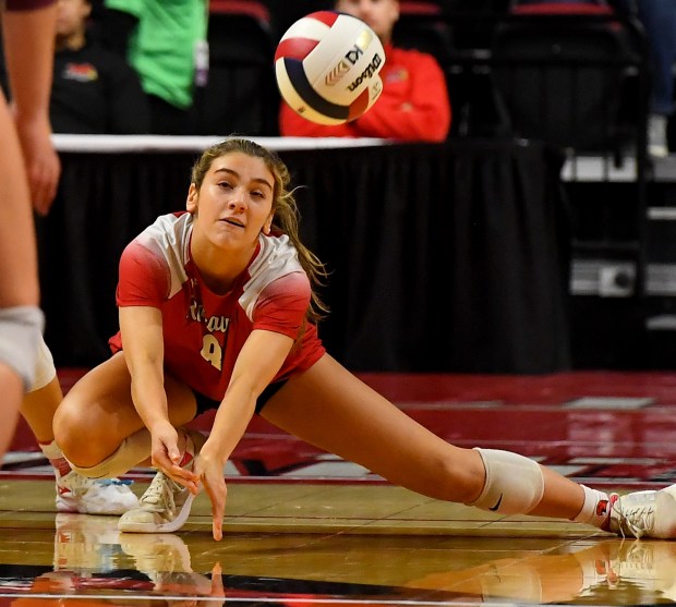 Marist's Taylor Berg (8) dives for a served ball. Marist defeated Lockport Township 25-14, 25-22 in the IHSA Class 4A state tournament Semifinal game at the CEFCU Arena on the campus of Illinois State University in Normal, Nov. 15, 2024 (Rob Dicker / for the Daily Southtown)