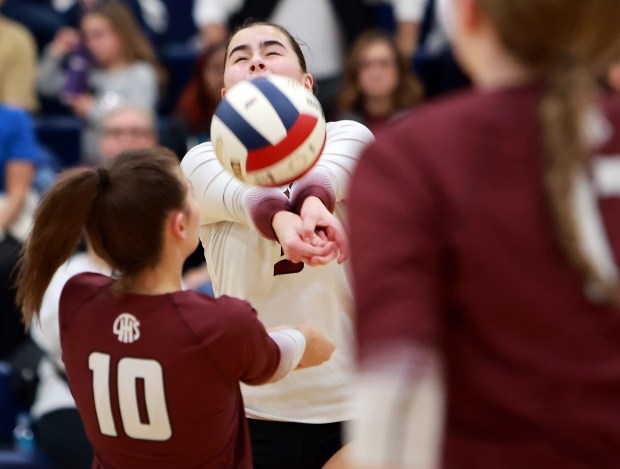 Lockport's Sadie Denk volleys the ball during the Class 4A Riverside-Brookfield Supersectional volleyball game against Downers Grove South in Riverside on Monday, Nov. 11, 2024. (James C. Svehla / for the Daily Southtown)