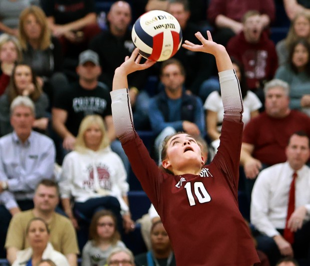 Lockport's Natalie Bochantin sets the ball during the Class 4A Riverside-Brookfield Supersectional volleyball game against Downers Grove South in Riverside on Monday, Nov. 11, 2024. (James C. Svehla / for the Daily Southtown)