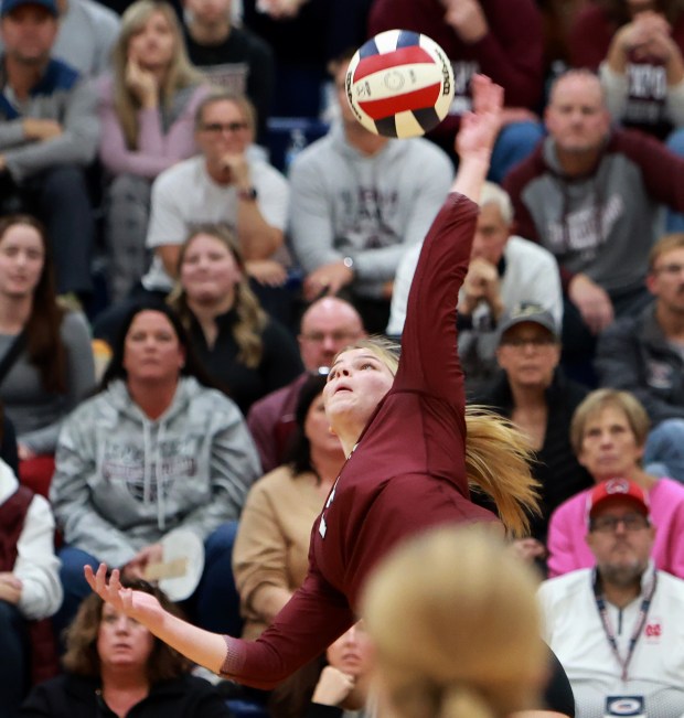 Lockport's Hutsyn Timosciek slams the ball over the net during the Class 4A Riverside-Brookfield Supersectional volleyball game against Downers Grove South in Riverside on Monday, Nov. 11, 2024. (James C. Svehla / for the Daily Southtown)