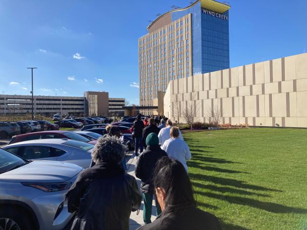 People wait in line to enter the Wind Creek Chicago Southland casino on opening day, Nov. 11, 2024. (Mike Nolan/Daily Southtown)