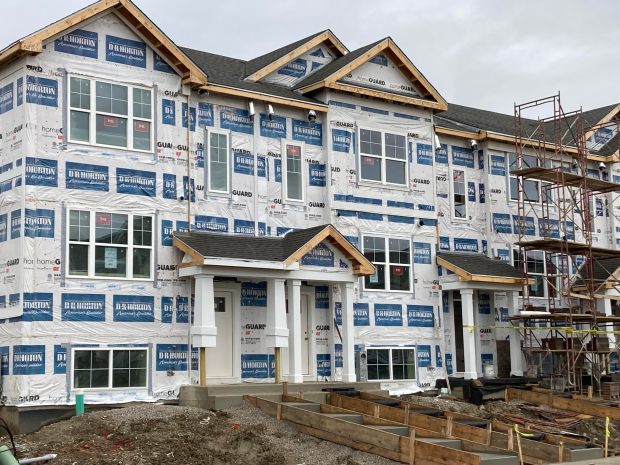 Town houses under construction Nov. 5, 2024, in the Oak Ridge housing development in Tinley Park, east of Ridgeland Avenue and south of Oak Forest Avenue. (Mike Nolan / Daily Southtown)