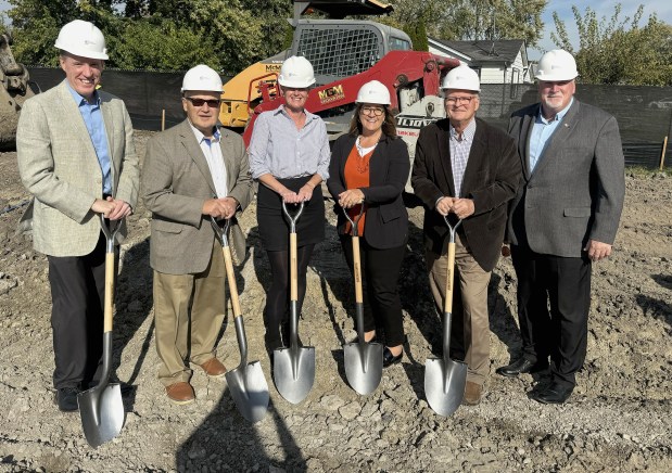 Officials at the groundbreaking ceremony were, from left, state Sen. Bill Cunningham, Sertoma Star Services Board President Robert Straz, state Rep. Mary Gill, President/CEO Kelly Berardelli, executive director Gus van den Brink and Alsip Mayor John Ryan. (Sertoma Star Services)