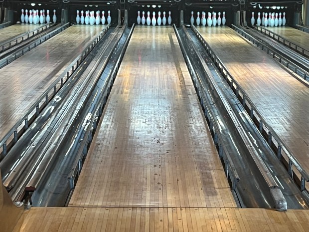 The six alleys at The Loft was installed in 1949 and served Frankfort area bowlers for decades before closing in 2023. The owners of The Loft are restoring the bowling alley, including its original machine pinsetters first installed in 1952. The business will also feature a dining room with upscale bar food and drinks. (Michelle Mullins/Daily Southtown)