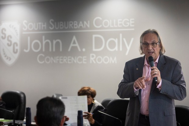 South Suburban College Trustee Anthony DeFliippo speaks to all the students and faculty that were gathered for the board meeting Thursday, Nov. 14, 2024, in Oak Forest. (Vincent D. Johnson / for the Daily Southtown)