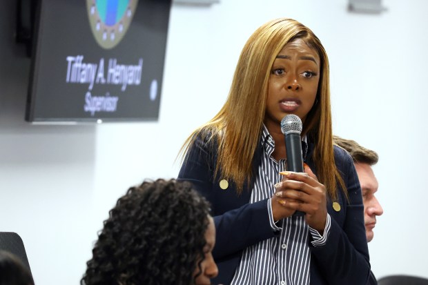 Thornton Township Supervisor Tiffany Henyard speaks Oct. 30, 2024, after a special board meeting was cut short when Trustee Chris Gonzalez walked out, creating a lack of quorum. (Terrence Antonio James/Chicago Tribune)