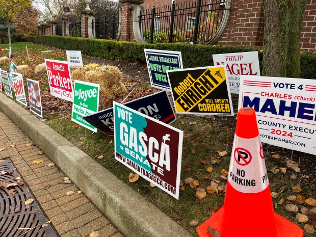 Election campaign signs outside New Lenox Village Hall on Nov. 5, 2024. (Samantha Moilanen/Daily Southtown)