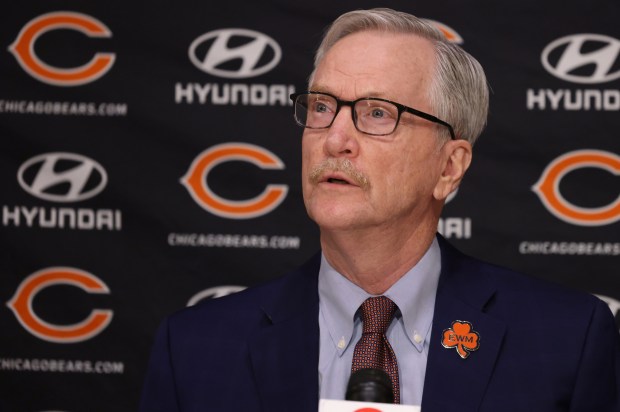 Bears Chairman George McCaskey speaks before introducing new general manager Ryan Poles and coach Matt Eberflus on Jan. 31, 2022, at Halas Hall. (Brian Cassella/Chicago Tribune)