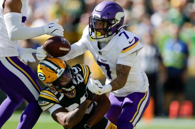 Vikings cornerback Byron Murphy breaks up a pass intended for Packers wide receiver Bo Melton on Sept. 29, 2024, in Green Bay. (AP Photo/Matt Ludtke)