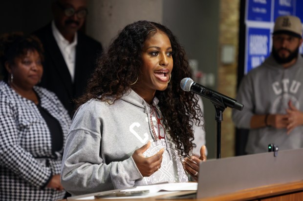 Chicago Teachers Union (CTU) President Stacy Davis Gates speaks during an election night watch party at CTU headquarters in Chicago on Nov. 5, 2024. (Terrence Antonio James/Chicago Tribune)