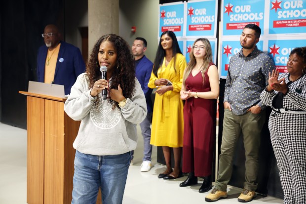 Chicago Teachers Union President Stacy Davis Gates, foreground, speaks in front of board candidates at an election night party at CTU headquarters on Nov. 5, 2024. (Terrence Antonio James/Chicago Tribune)