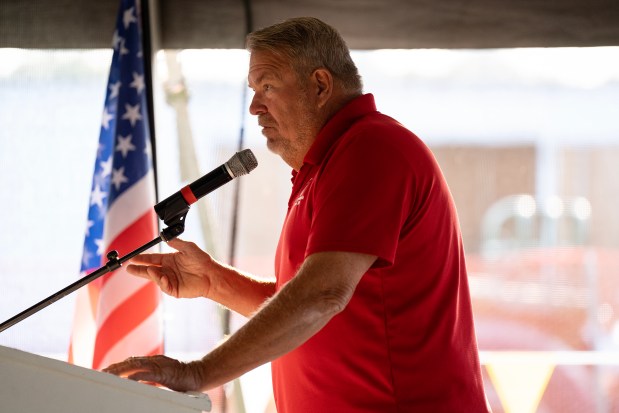 State Rep. Charlie Meier, R-Highland, speaks during Republican Day at the DuQuoin State Fair, Aug. 29, 2023. (E. Jason Wambsgans/Chicago Tribune)