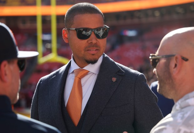 Bears general manager Ryan Poles stands on the field before the game against the Commanders on Oct. 27, 2024, at Northwest Stadium in Landover, Maryland. (Brian Cassella/Chicago Tribune)