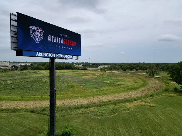 A digital billboard advertising the Chicago Bears is seen near the practice track of the former Arlington International Racetrack, near Route 53 and Northwest Highway, on June 25, 2024, in Arlington Heights. (Stacey Wescott/Chicago Tribune)