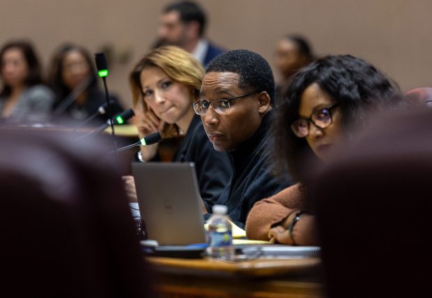 Ald. Jason Ervin, 28th, center, chair of the City Council Budget Committee, listens to questions about the proposed 2025 budget at City Hall during City Council budget hearings on Nov. 9, 2024. (Tess Crowley/Chicago Tribune)