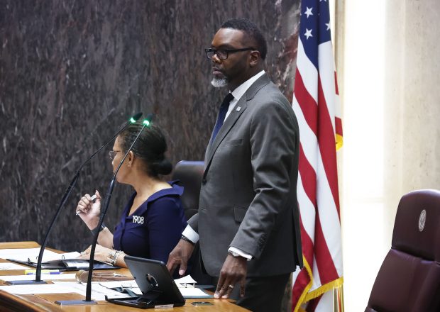 Chicago Mayor Brandon Johnson presides over a special meeting of the Chicago City Council called to discuss his proposed $300 million property tax increase on Nov. 14, 2024. (Terrence Antonio James/Chicago Tribune)