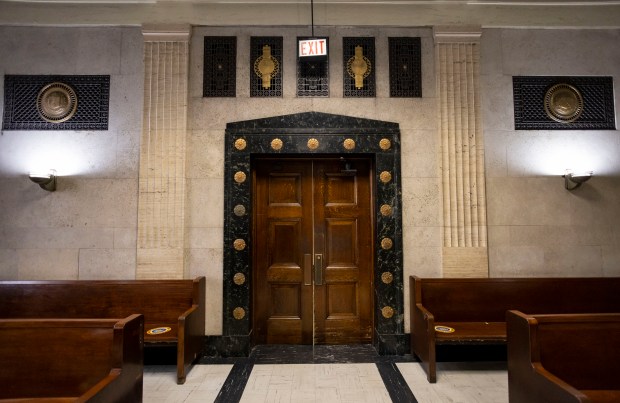 The entrance doors to a courtroom in the Leighton Criminal Court Building in 2023. (Brian Cassella/Chicago Tribune)