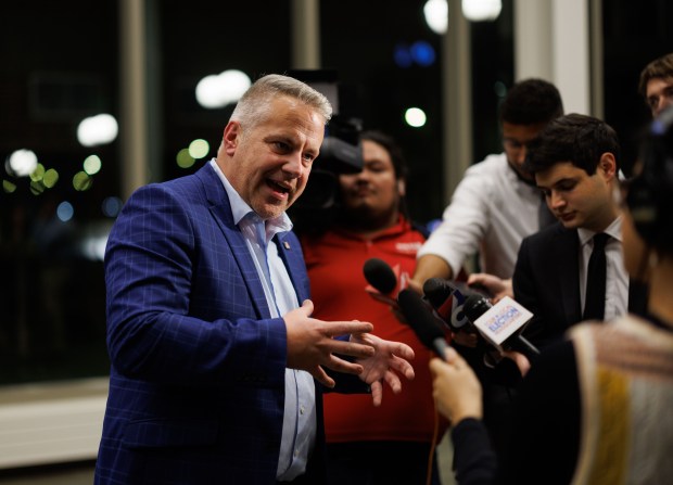 U.S. Rep. Eric Sorensen speaks with reporters during an election night watch party, Nov. 5, 2024, in Moline. (Armando L. Sanchez/Chicago Tribune)