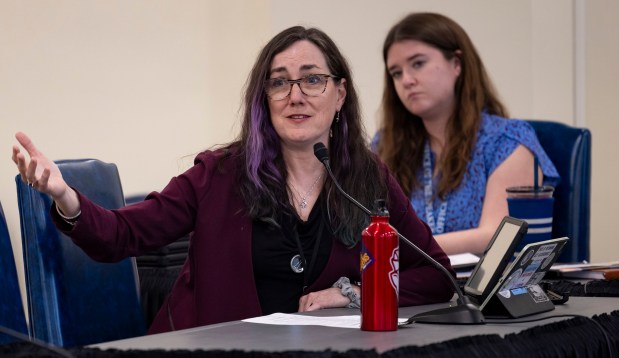 State Rep. Kelly Cassidy questions witnesses during a hearing of the Ethics & Elections Committee, April 10, 2024, at the Stratton Building in Springfield. (Brian Cassella/Chicago Tribune)