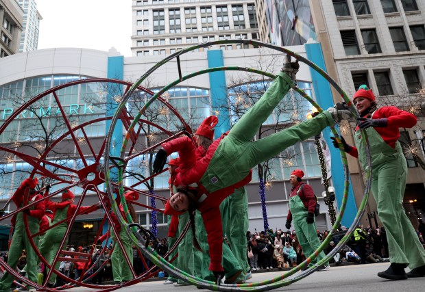 Performers roll down State Street during the 90th Chicago Thanksgiving Parade on Nov. 28, 2024. (Antonio Perez/Chicago Tribune)