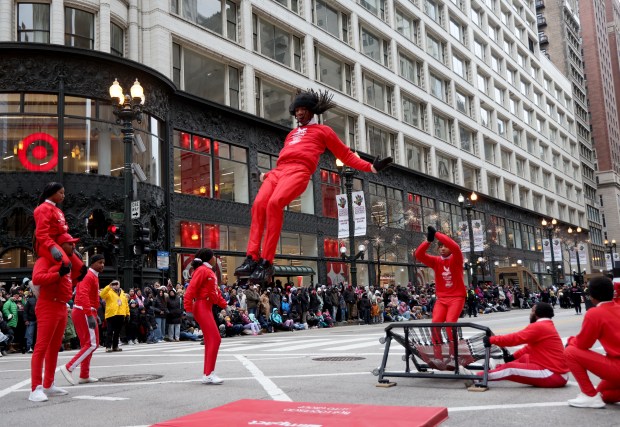 The Jesse White Tumblers perform at the 90th Chicago Thanksgiving Parade on Nov. 28, 2024. (Antonio Perez/Chicago Tribune)