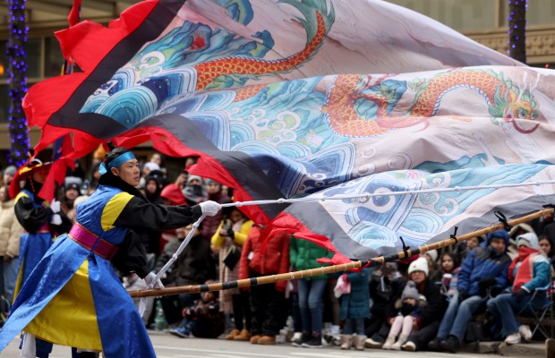 Performers march down State Street during the 90th Chicago Thanksgiving Parade on Nov. 28, 2024. (Antonio Perez/Chicago Tribune)