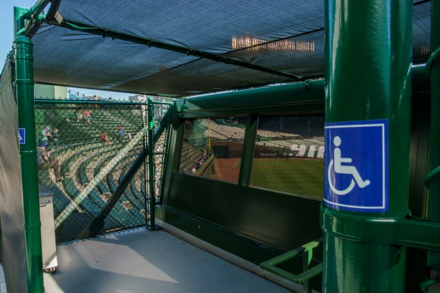 A wheelchair section in the center field bleachers area at Wrigley Field, July 14, 2022. (Armando L. Sanchez/Chicago Tribune)