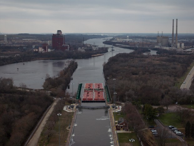 The Brandon Road Lock and Dam on the Des Plaines River in Joliet is the site of the Brandon Road Interbasin Project to combat the movement of invasive carp and other nuisance species into the Great Lakes, Dec. 5, 2023. (E. Jason Wambsgans/Chicago Tribune)